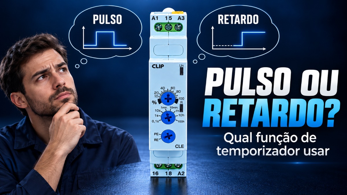 Temporizador CLE 17,5 mm da CLIP com o botão de função PE/RE em destaque, ao lado do título Pulso ou retardo